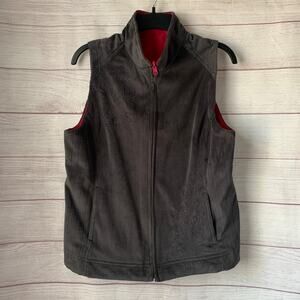 Charcoal Gray and Pink Reversible Zip Up Vest Fleece Embroidered Floral
